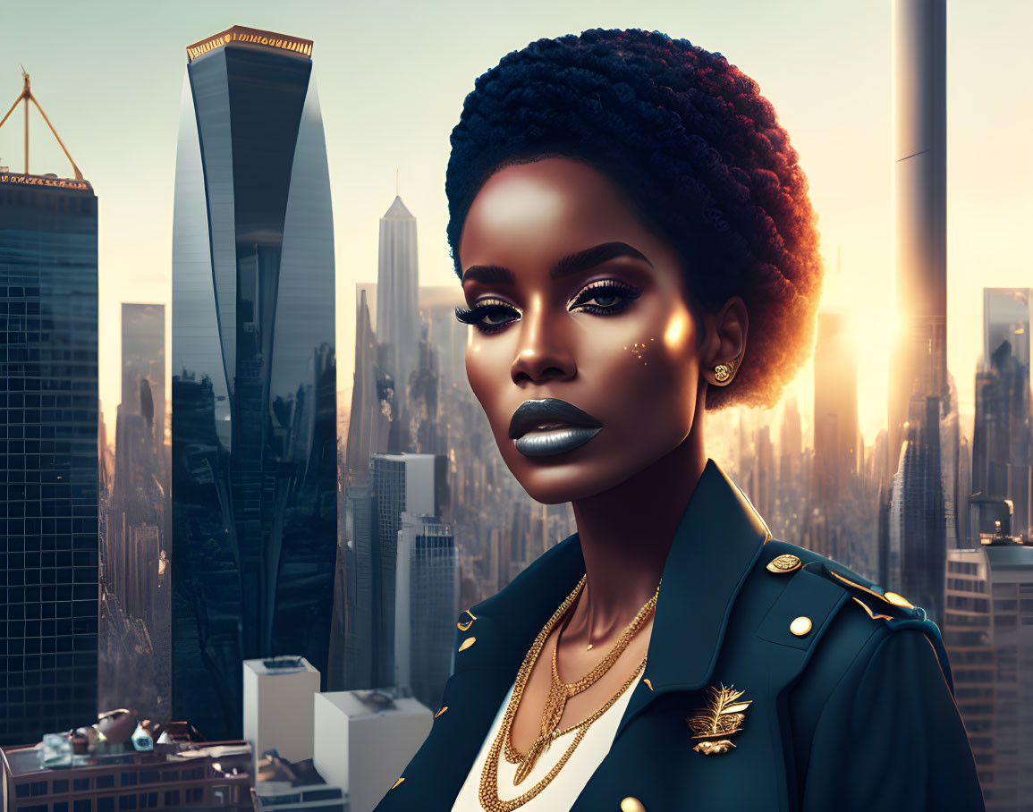 Stylized woman with dark skin and blue hair in military outfit against city skyline at sunset