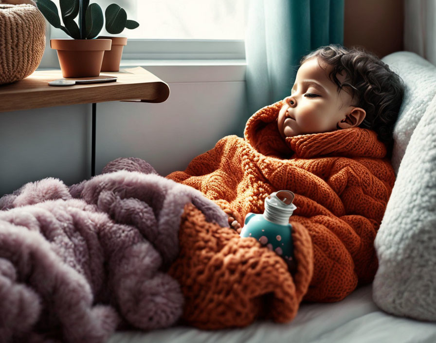 Sleeping toddler wrapped in orange blanket near window with plant - serene scene