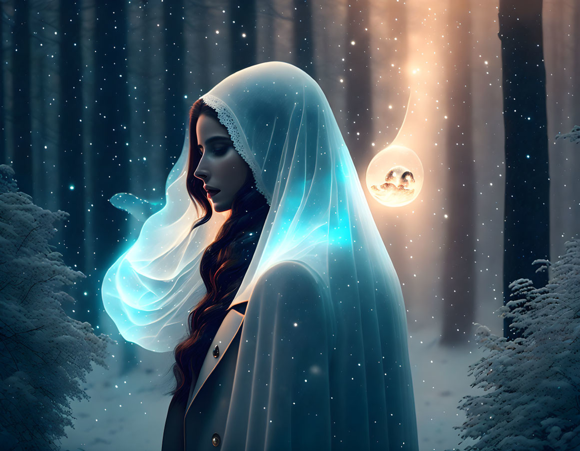 Mystical woman with glowing veil in snowy forest at night