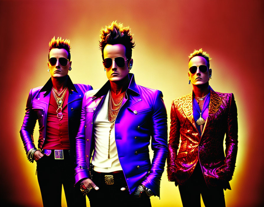 Colorful Punk Fashion: Three People with Mohawks and Jackets on Vibrant Background