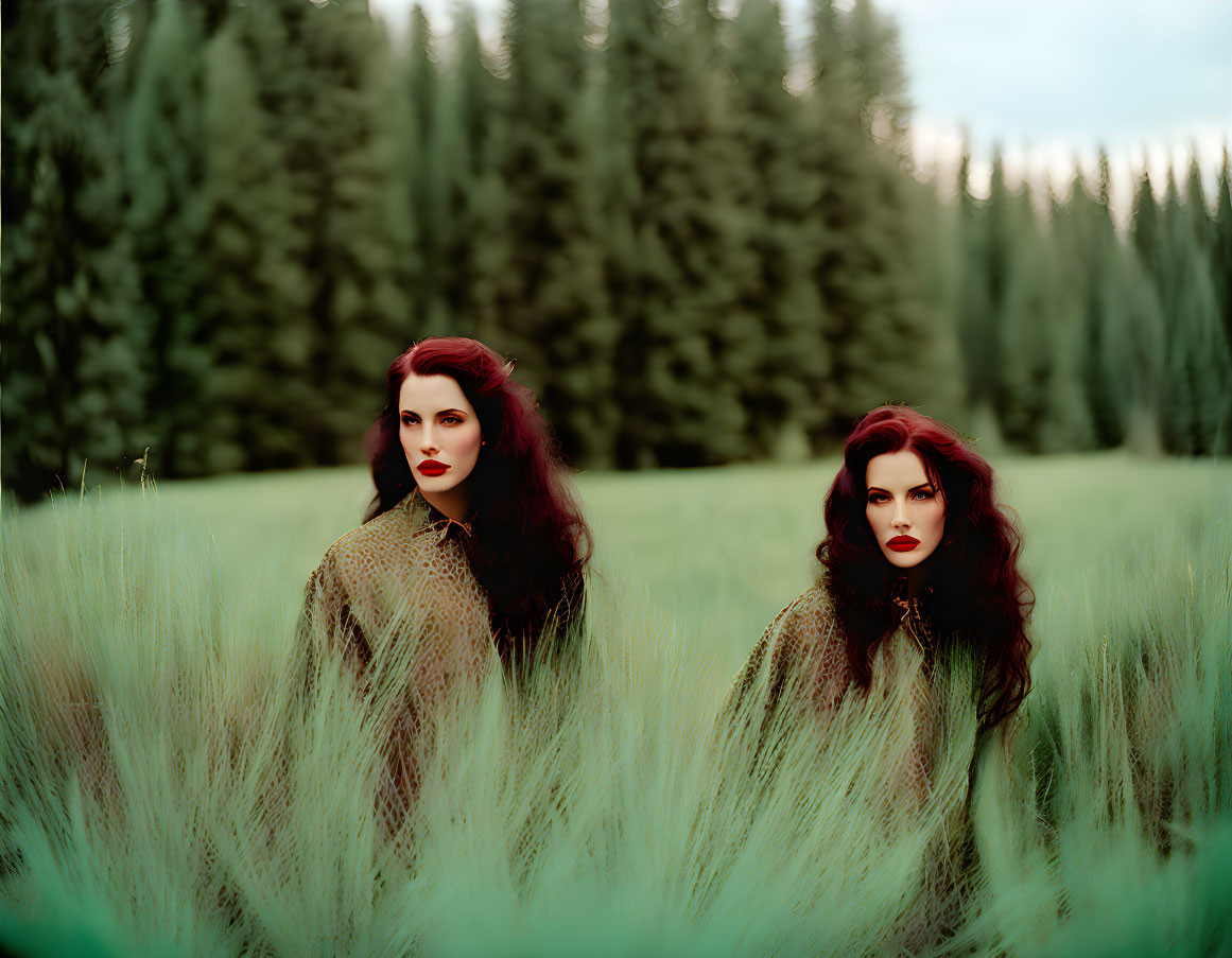 Two red-haired women in green field with forest background, wearing beige tops