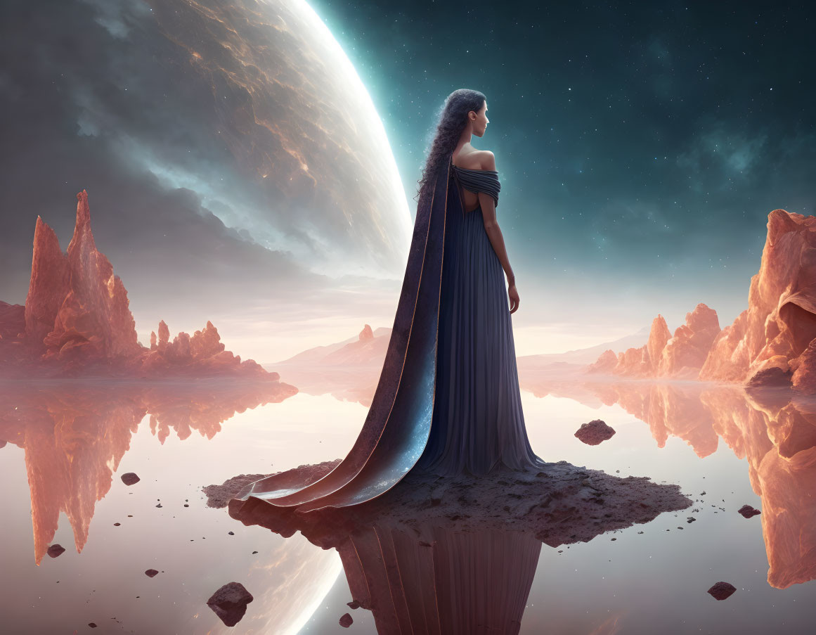 Woman in flowing blue gown on rock in serene water with moon and stars