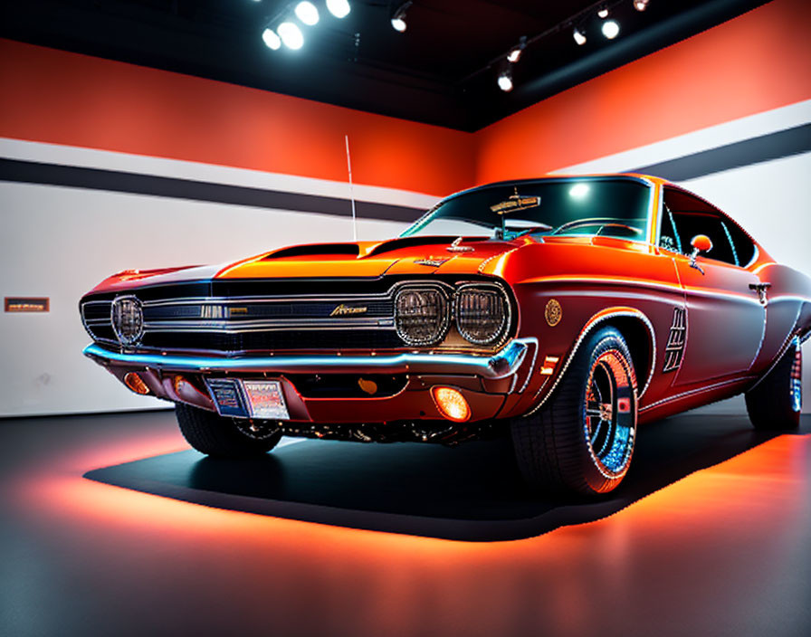 Classic Red Muscle Car with Black Stripes on Display in Showroom