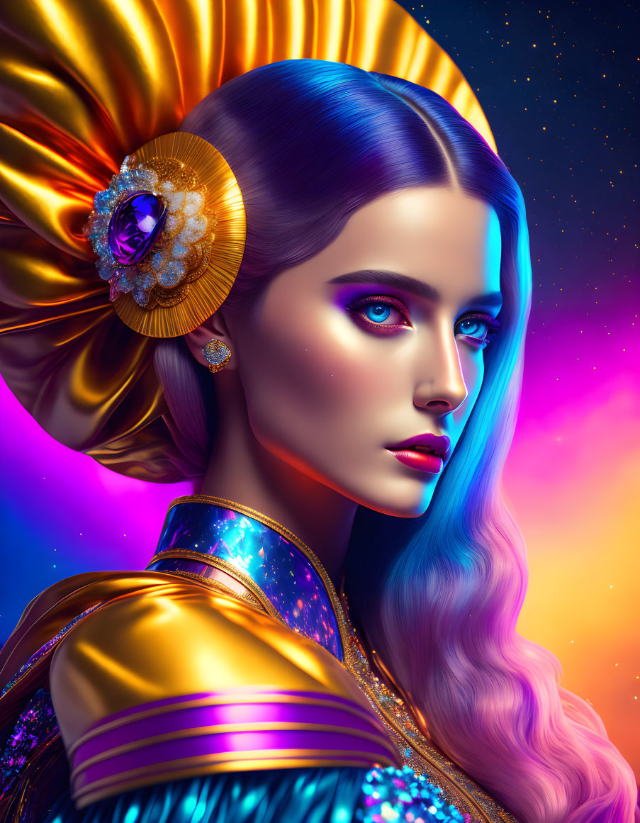 Digital artwork: Woman with blue hair, gold headdress, cosmic background