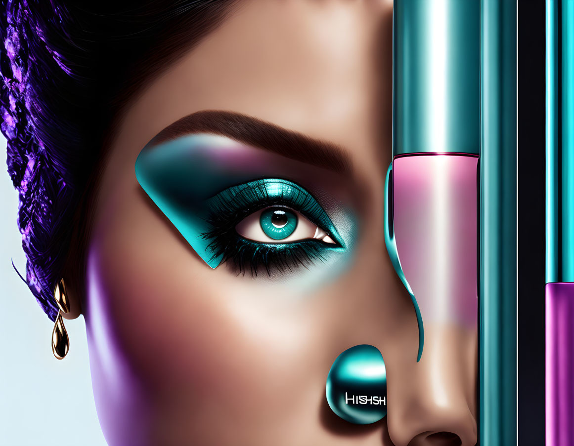 Detailed Close-Up of Woman's Vibrant Turquoise Eye Makeup and Glossy Lilac Lipstick