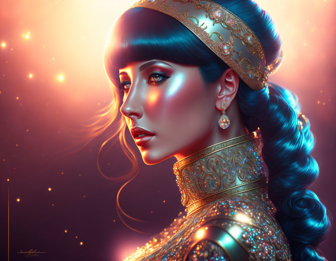 Digital art portrait: Woman with blue braid, ornate gold attire, and star-like glimmers