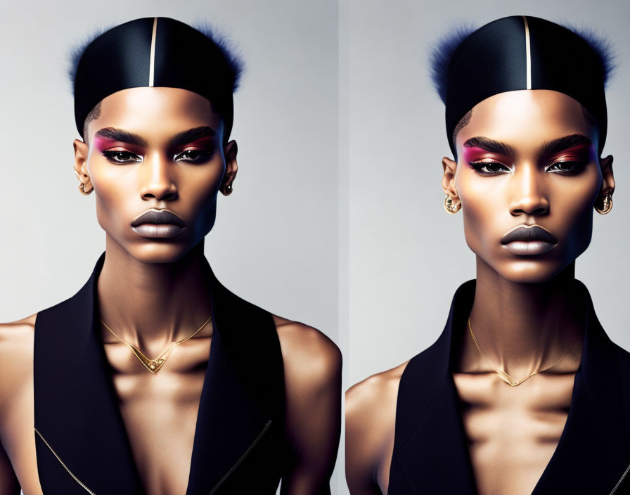 Model with striking makeup and black outfit mirrored, featuring gold jewelry and cap