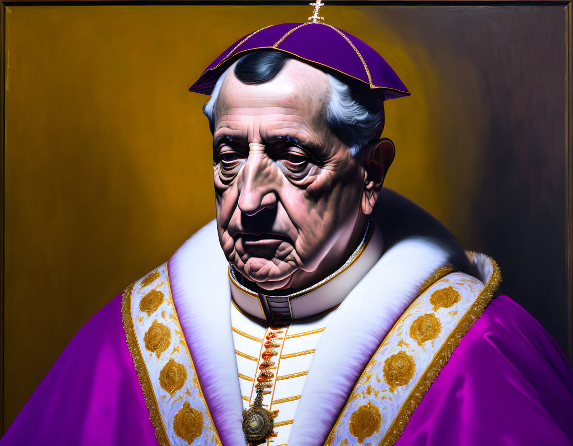 Vibrant portrait of man in ecclesiastical attire with purple robe and golden cross necklace