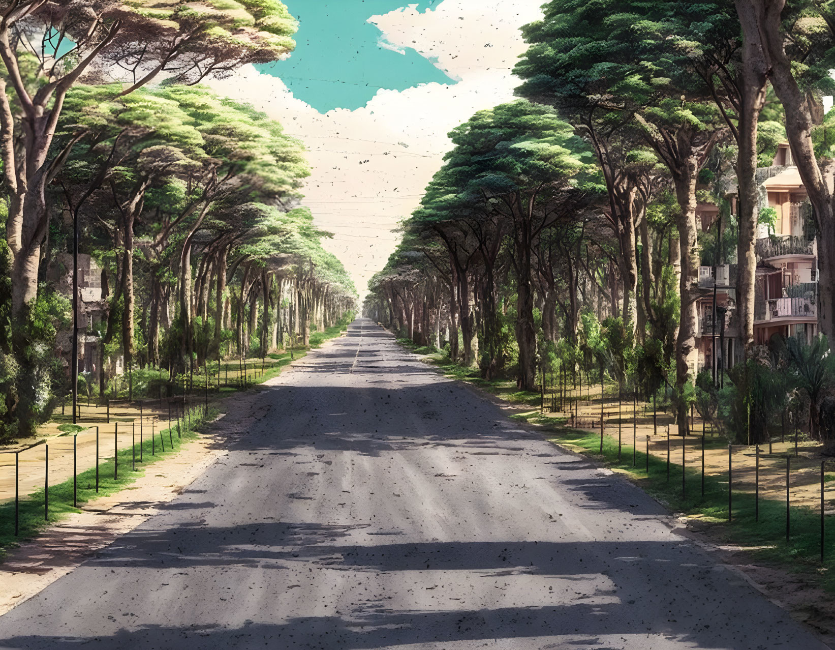 Anime-style tree-lined road with broken sky effect, buildings, lush trees, and vanishing point.