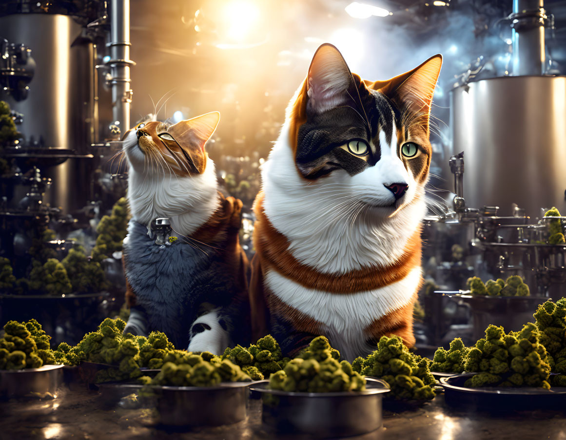 Two Collared Cats Surrounded by Broccoli in Industrial Kitchen