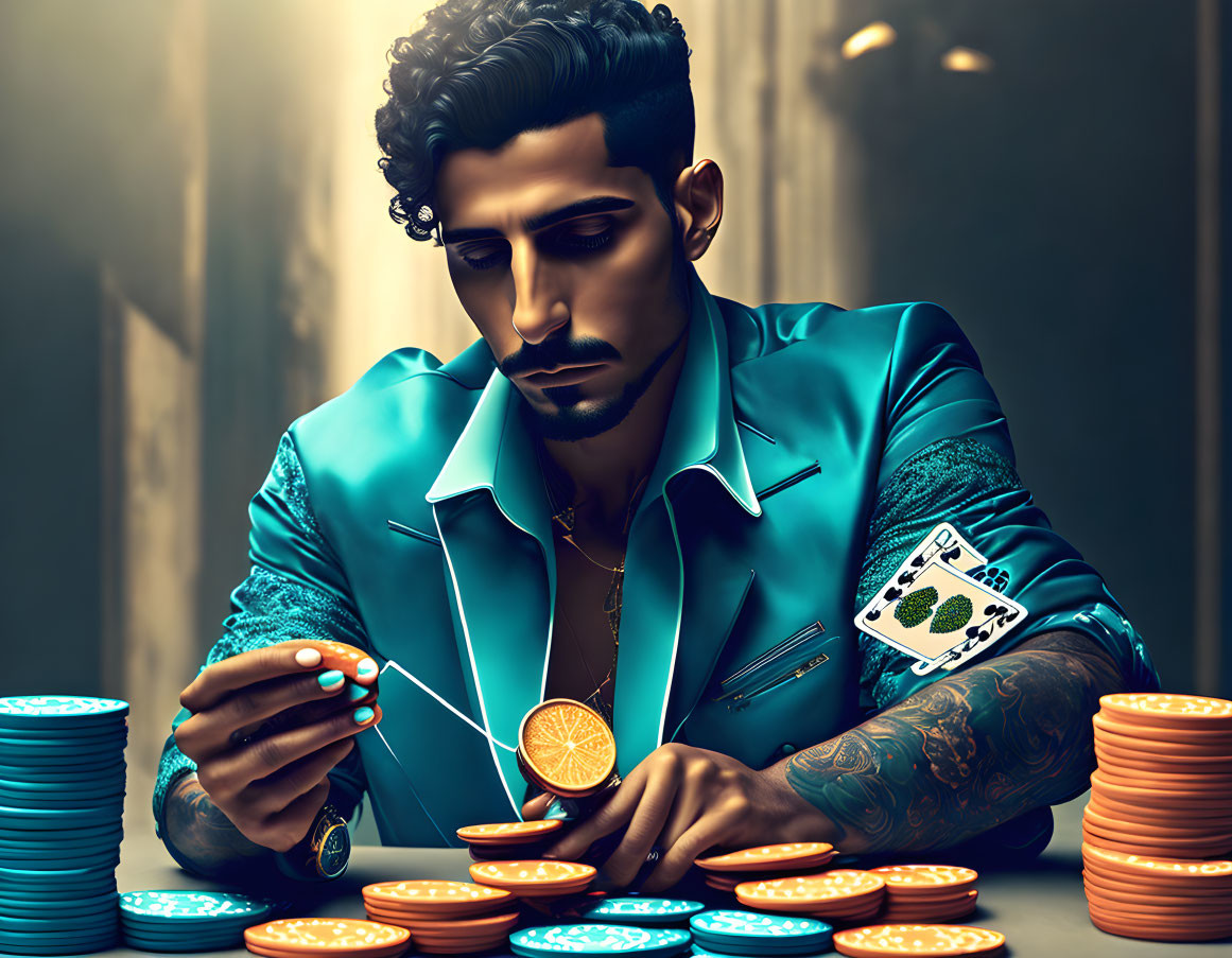 Illustration of man examining coin at poker table