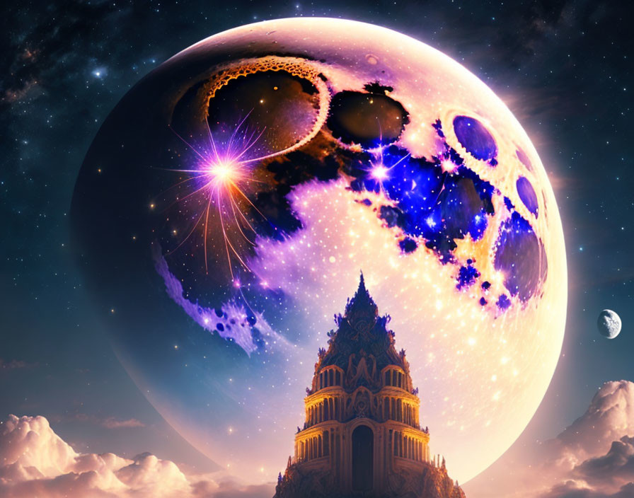 Fantasy landscape with grand castle, colossal moon, stars, and cosmic sky