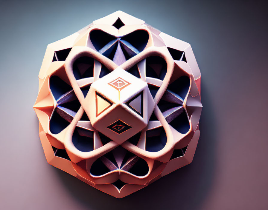 Symmetrical 3D geometric sculpture with interlocking shapes and pastel colors