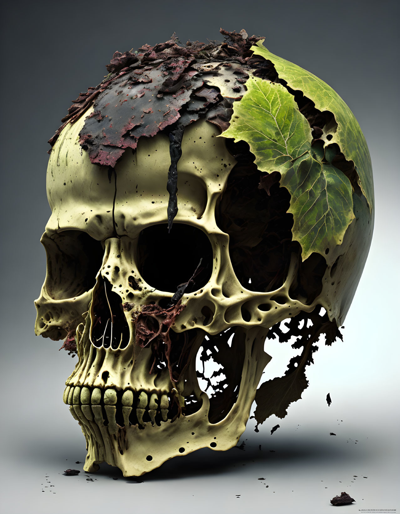 Decayed human skull with rot on left side and dark substance, leaves, neutral background