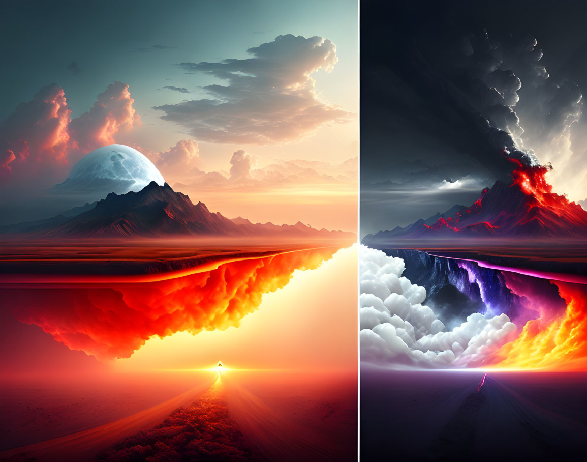 Tranquil sunset vs. volcanic eruption under stormy sky