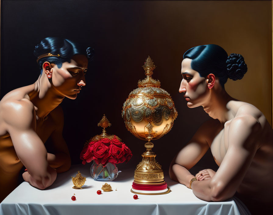 Reflective pose between two people with golden urn and red roses on dark background