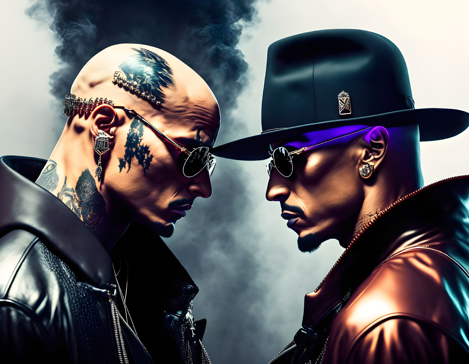 Stylized men with tattoos and sunglasses in smoky background