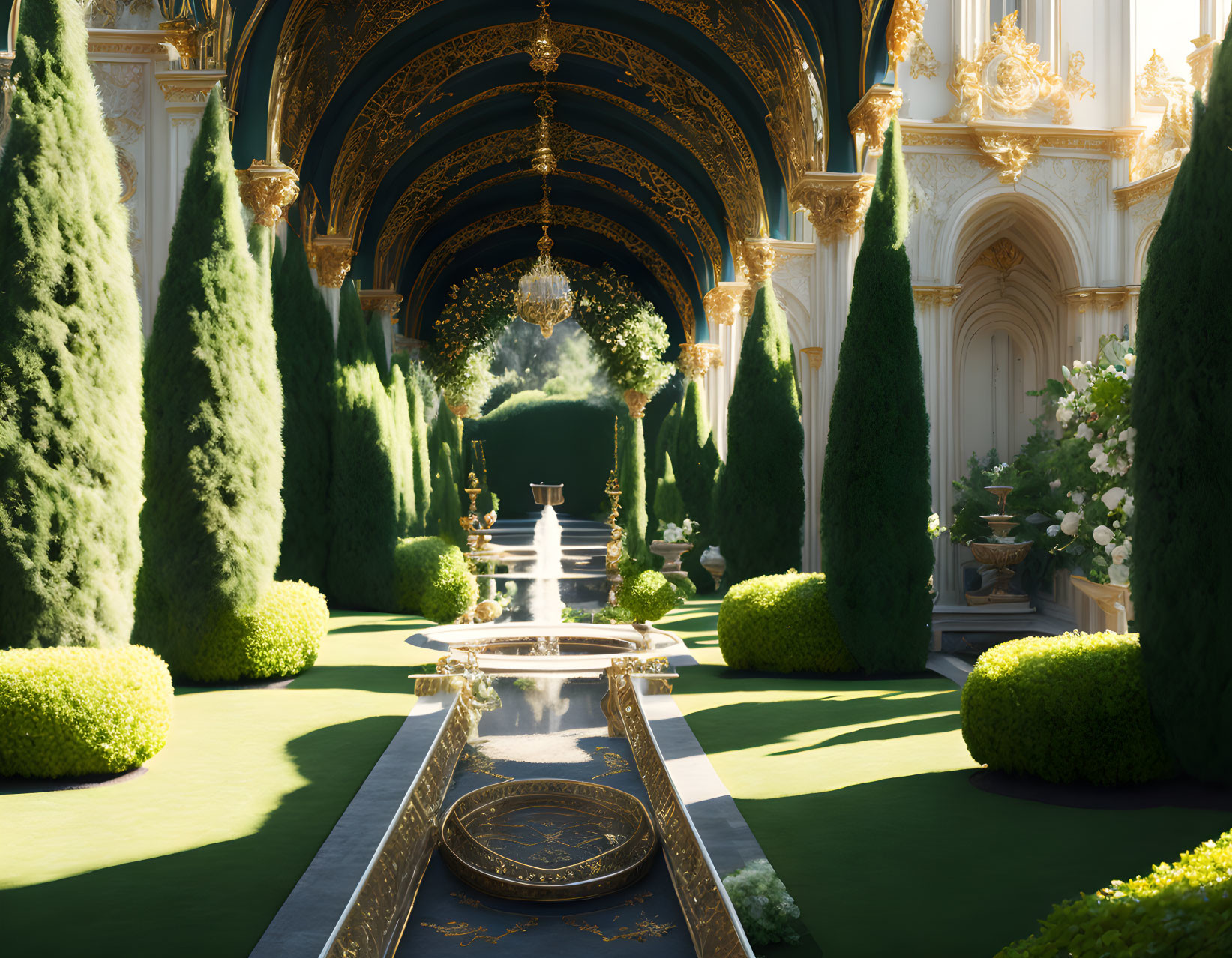 Luxurious Garden Corridor with Golden Arches and Chandeliers