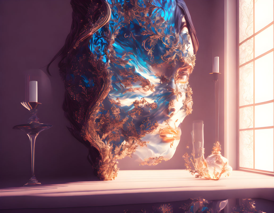 Abstract blue and gold swirls face near window with candles