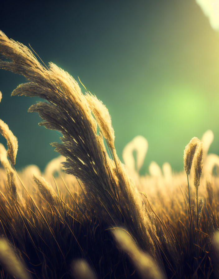 Sunlit golden wheat field under warm hazy sky