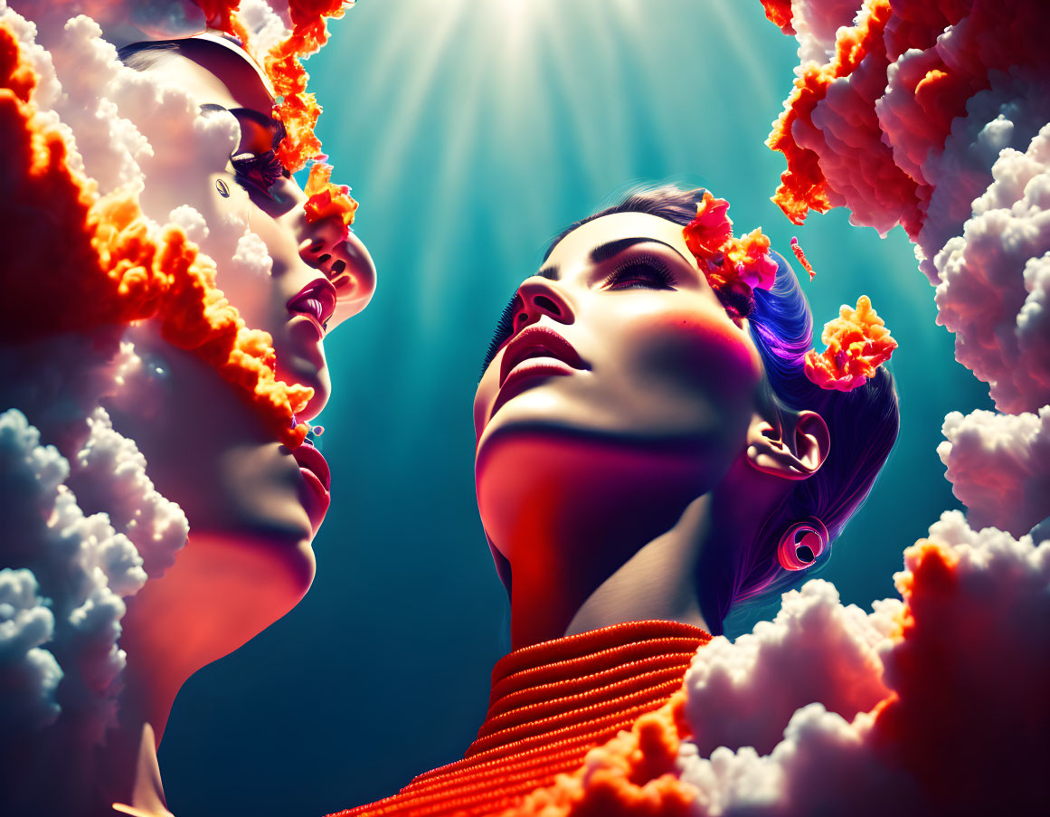 Colorful makeup on mirrored women amid orange clouds on blue backdrop