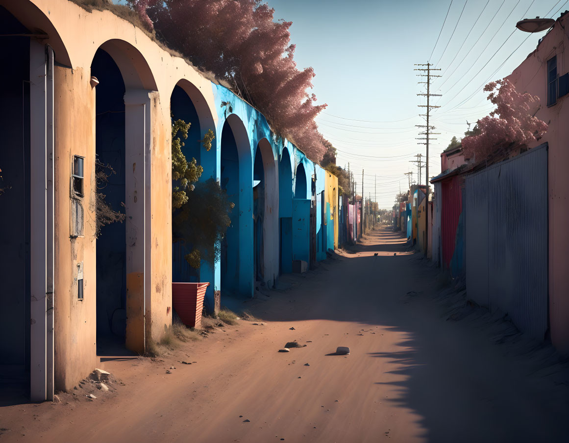 Colorful Arched Doorways in Serene Street Scene