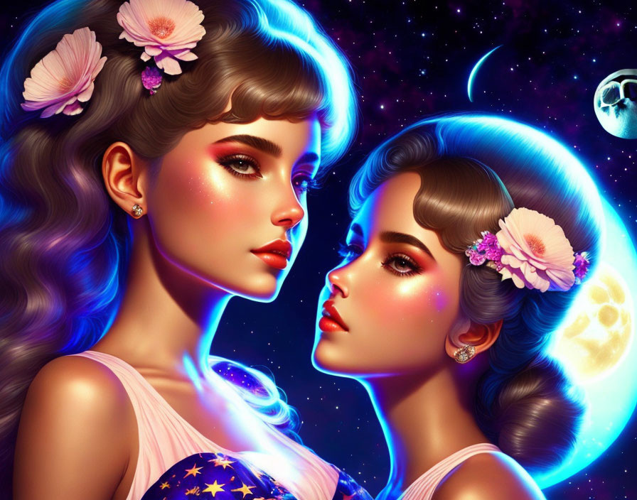 Stylized cosmic women with vibrant colors and celestial backdrop