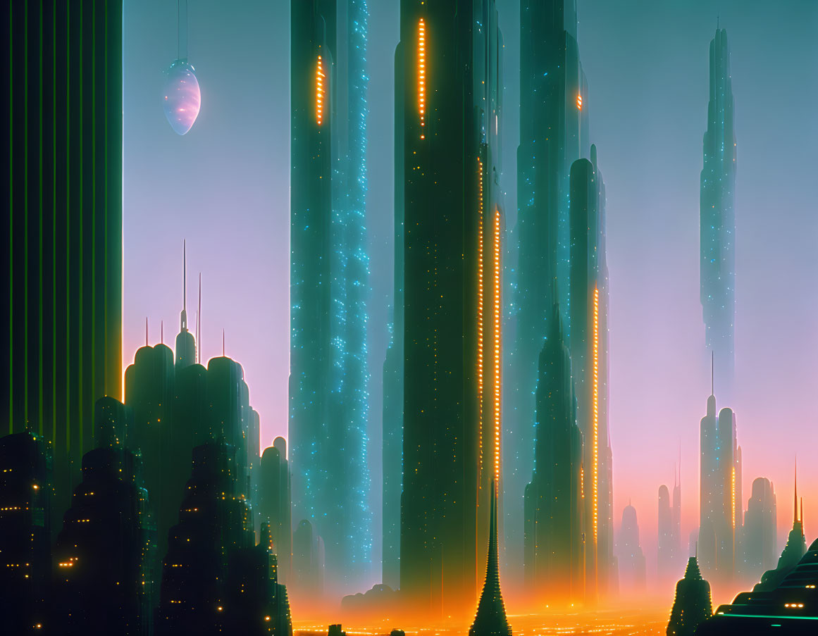 Futuristic cityscape with illuminated skyscrapers and hovering spacecraft at dusk