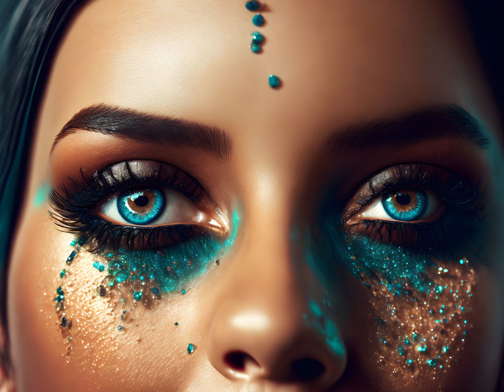 Detailed Close-up of Person's Face with Striking Blue Makeup and Glitter