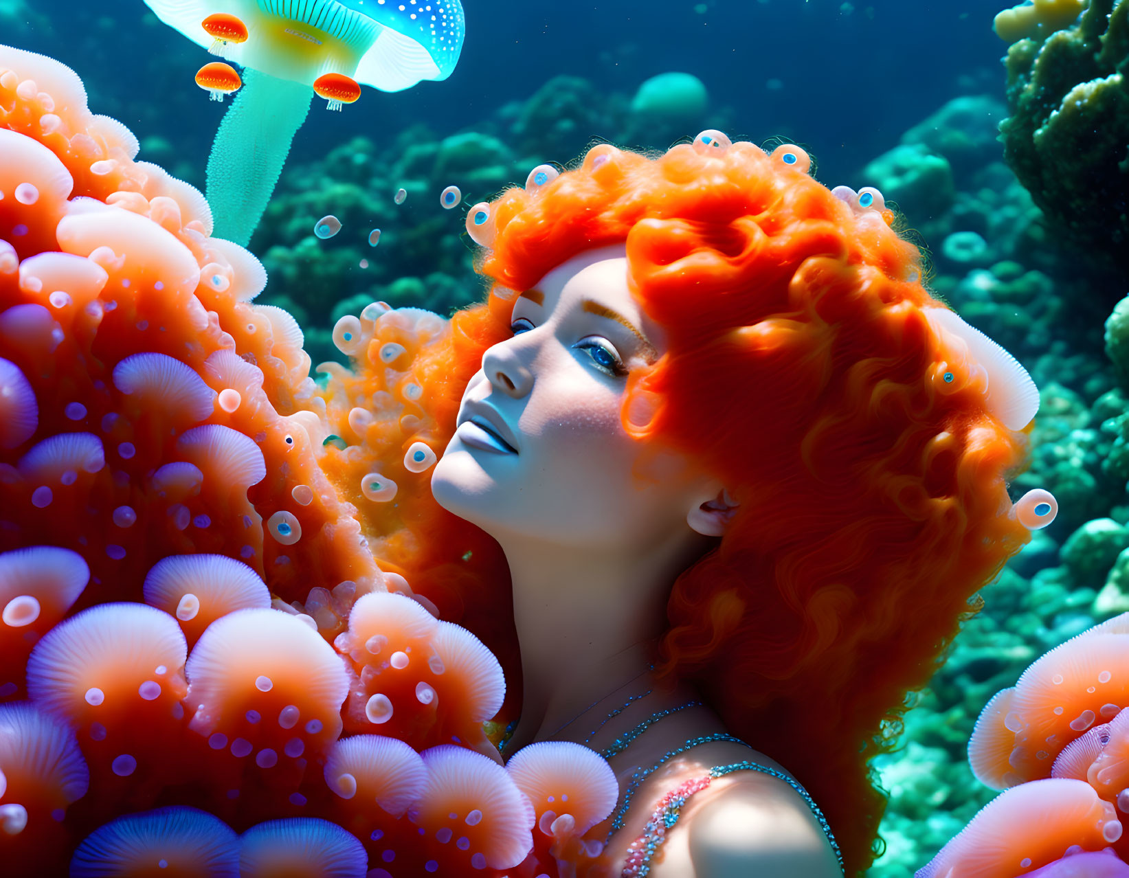 Woman with Fiery Red Hair Blending in Coral Reef Underwater