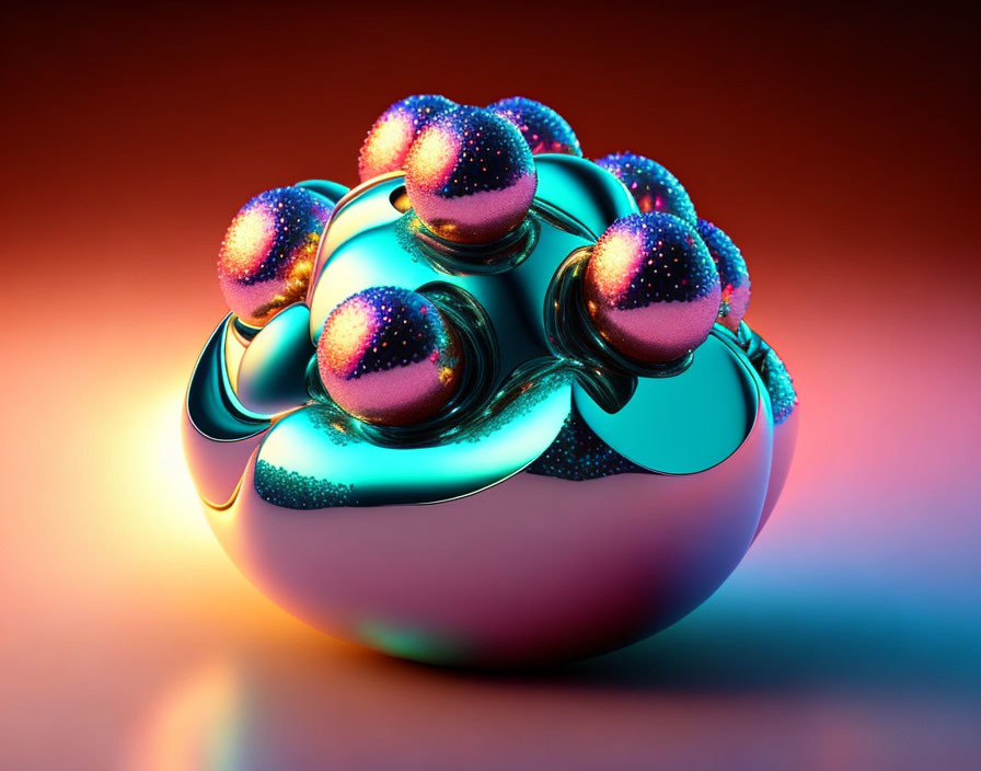 Shiny spherical object with textured spheres on warm gradient background