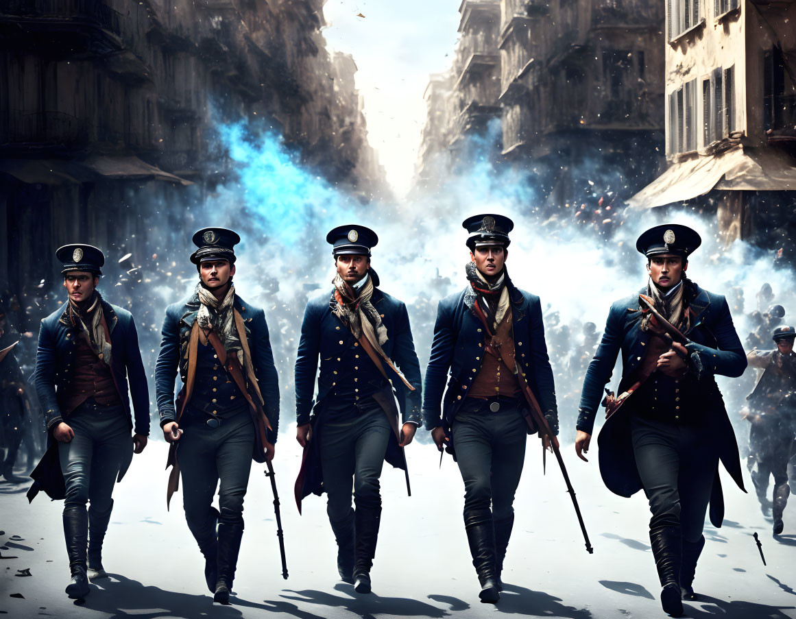 Five soldiers in historical uniforms march through smoke-filled urban street