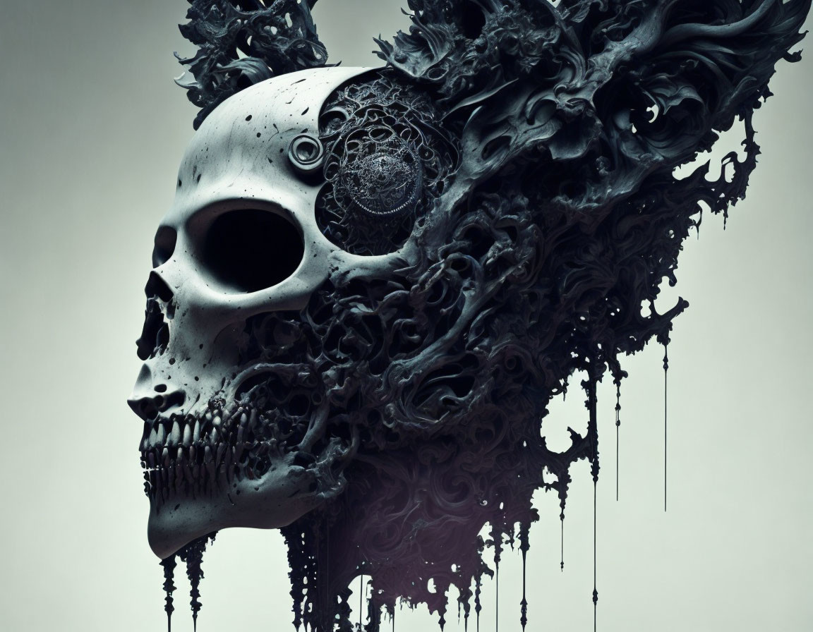 Abstract surreal skull art with intricate textures on grey background