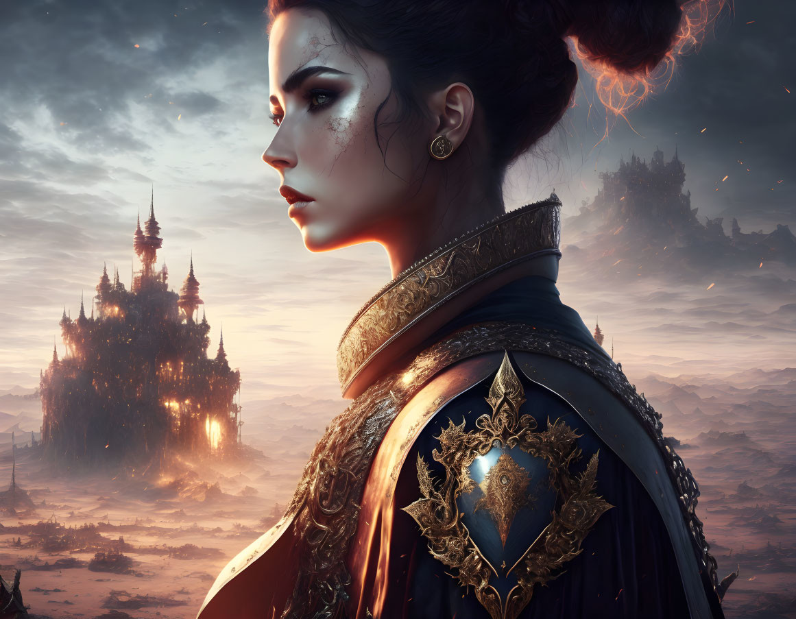 Scarred woman in ornate armor gazes at fantastical castle under dusky sky