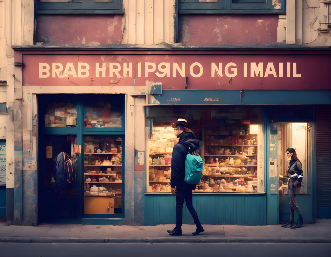 Man passing scrambled shop sign, woman by window display.