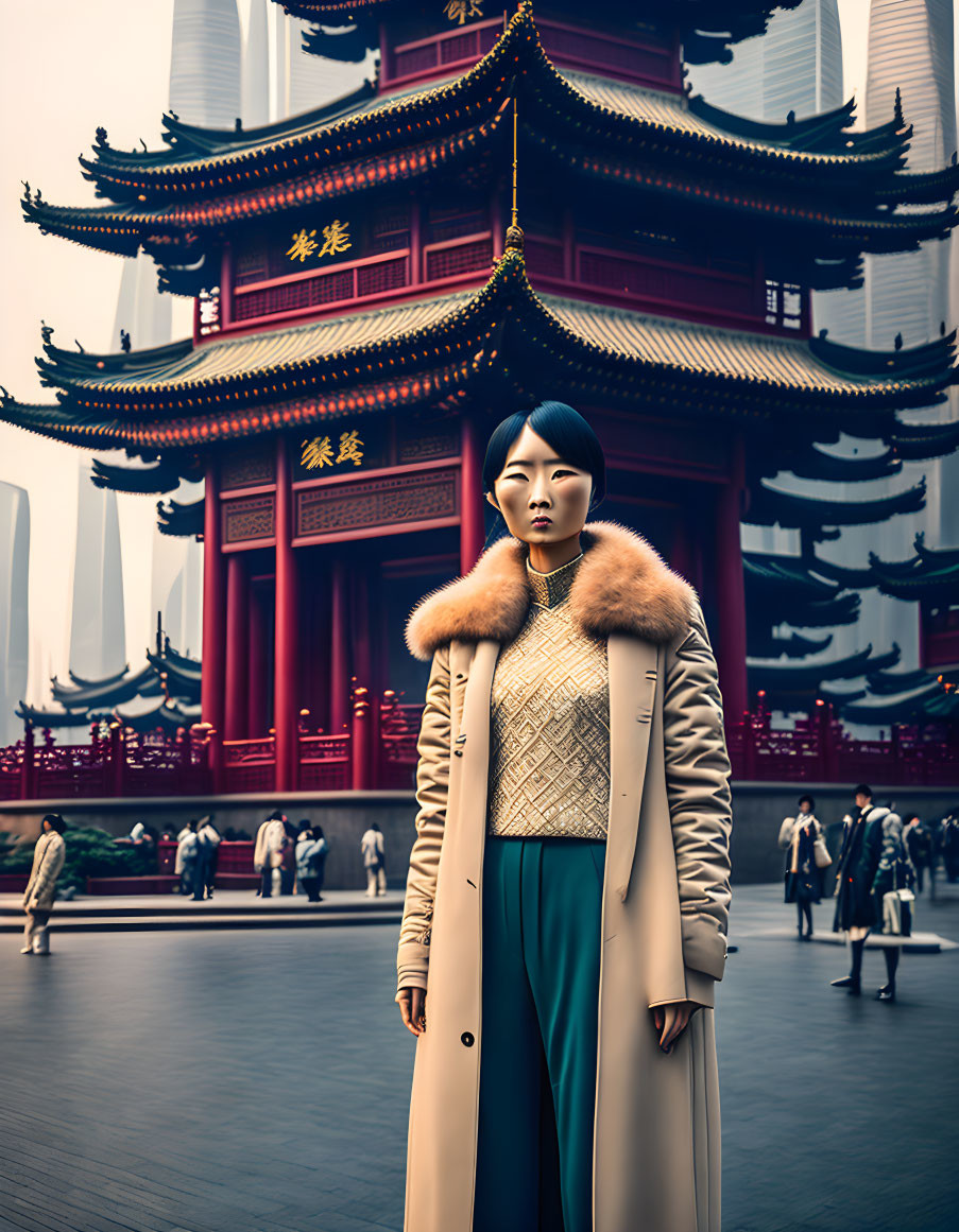 Traditional Chinese pagoda backdrop with woman in hazy atmosphere