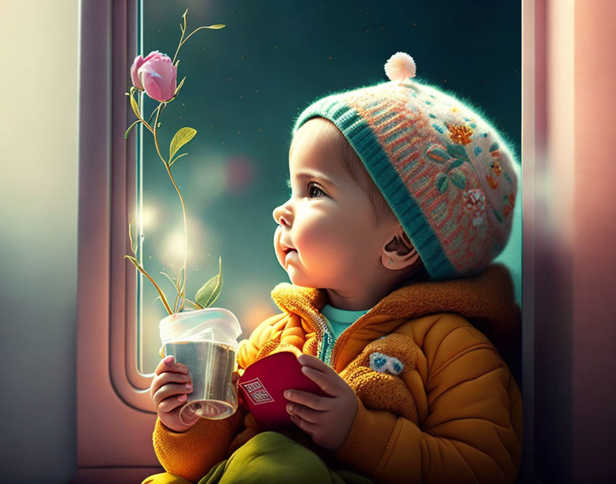 Toddler in Yellow Jacket and Beanie Admiring Rose and Starry Sky