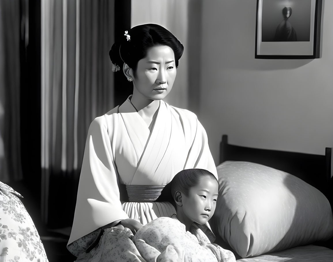 Monochrome image of woman in traditional attire with child on bed