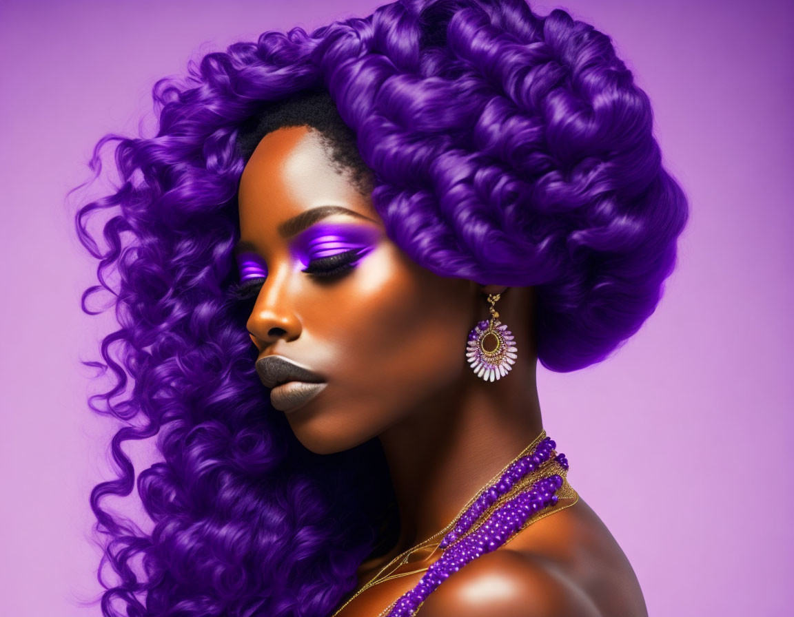 Voluminous purple hair and striking makeup on woman against pink background