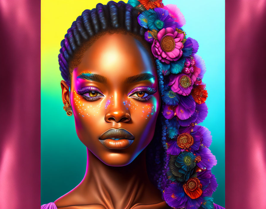 Digital artwork: Woman with violet eyeshadow, starry freckles, colorful flowers in bra