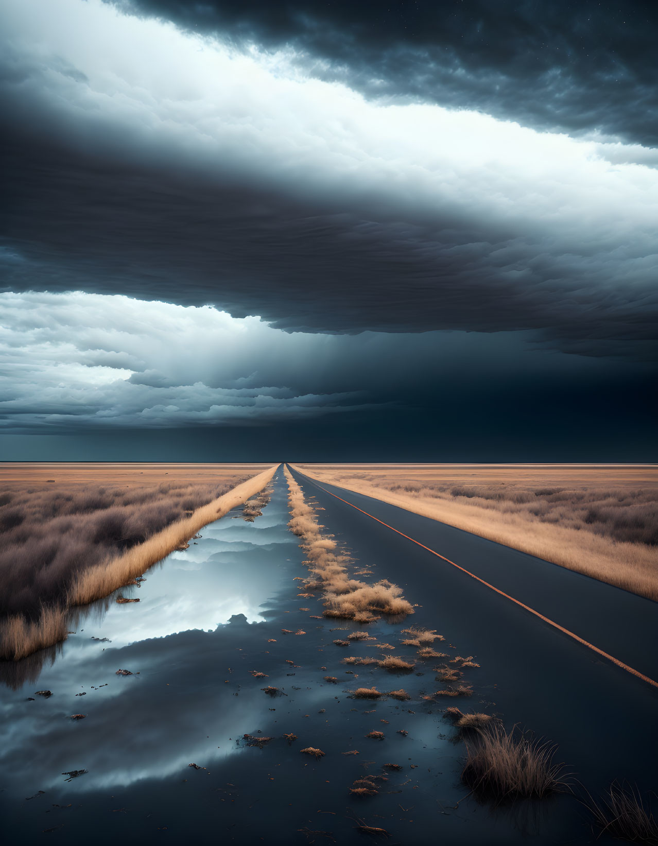 Straight Road Through Desolate Landscape Under Stormy Sky