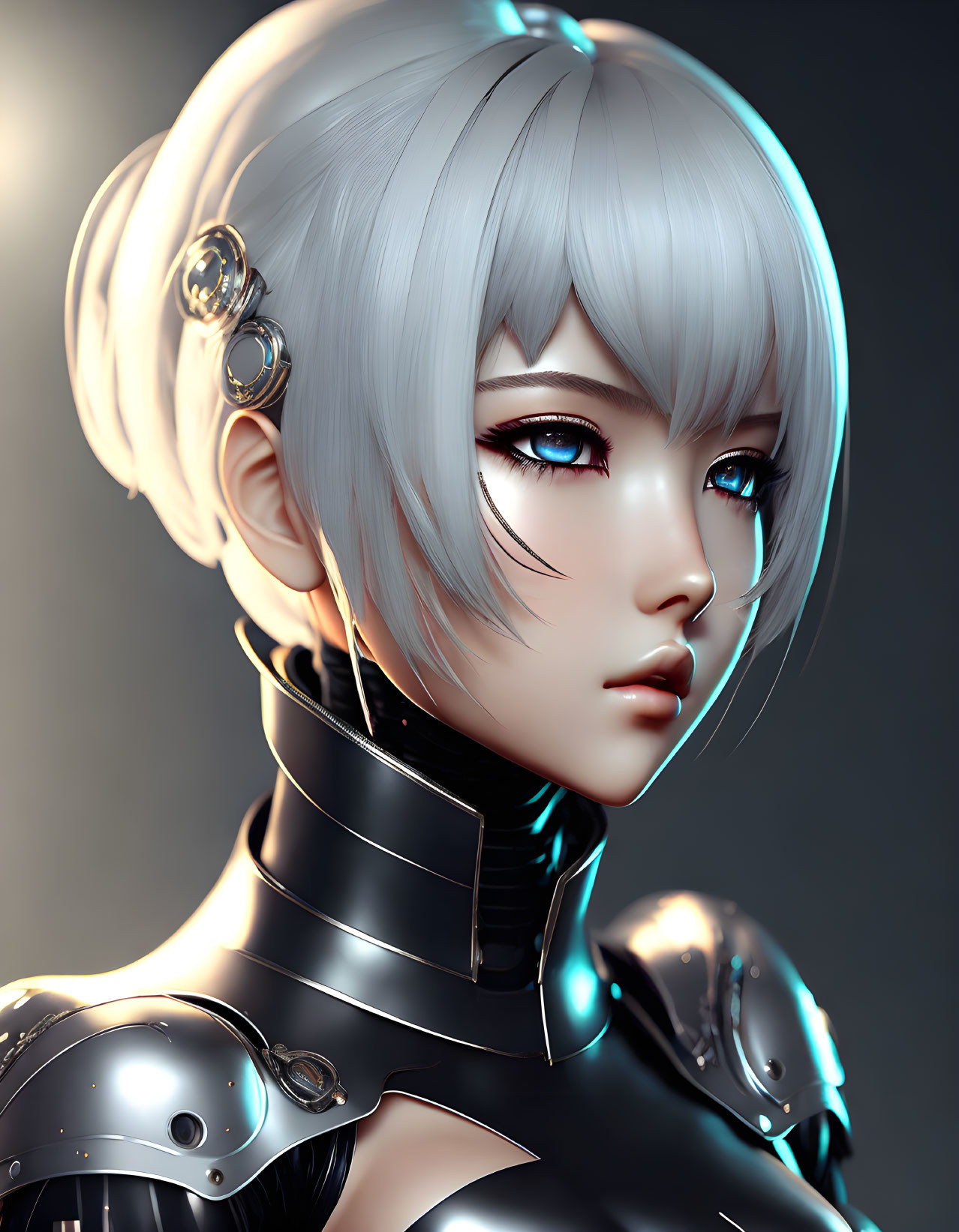 3D rendering of female character: silver hair, blue eyes, futuristic black armor