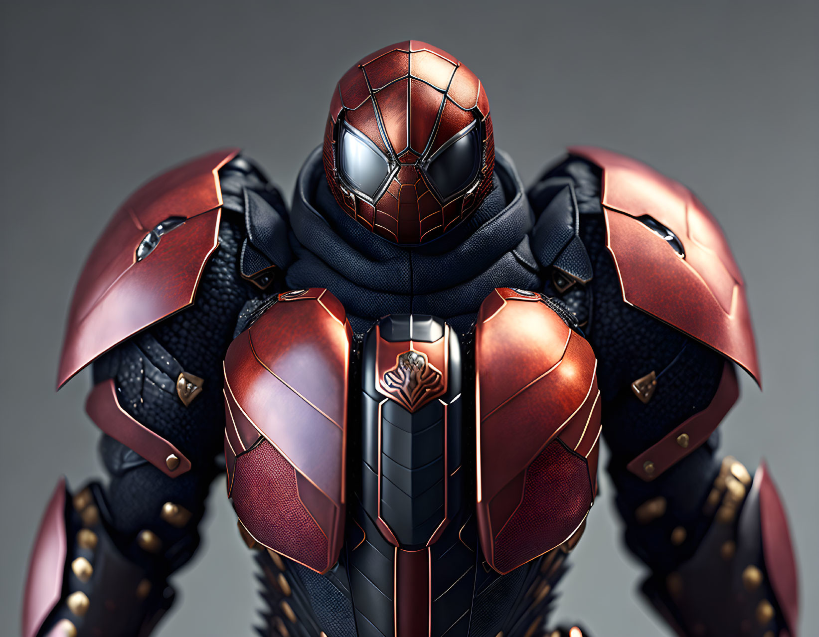 Detailed Spider Emblem on High-Tech Red and Gold Armor Suit