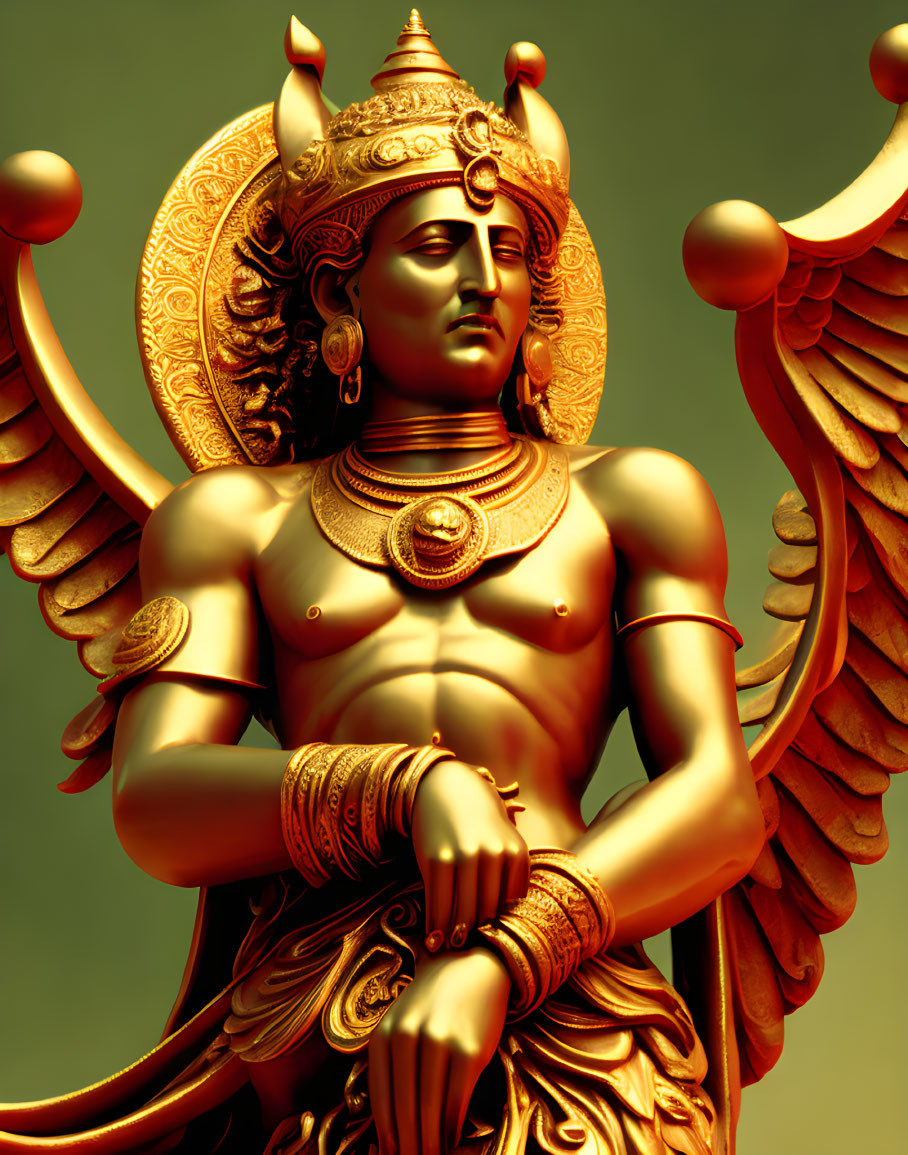 Golden statue of mythological figure with multiple arms, headgear, jewelry, and wings on green backdrop