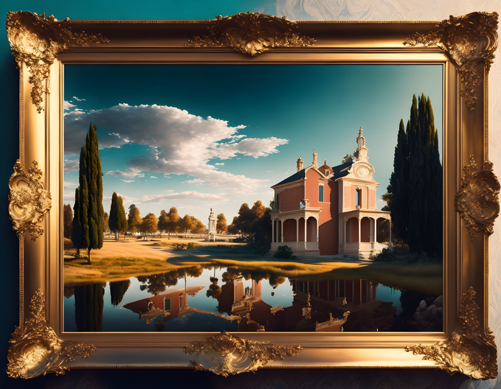 Golden Frame Surrounds Landscape Painting of Red House by Lake