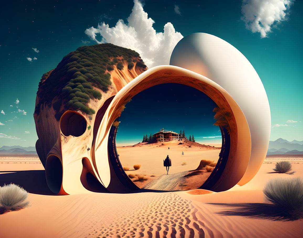 Surreal desert landscape with giant skull and looped structure framing distant temple