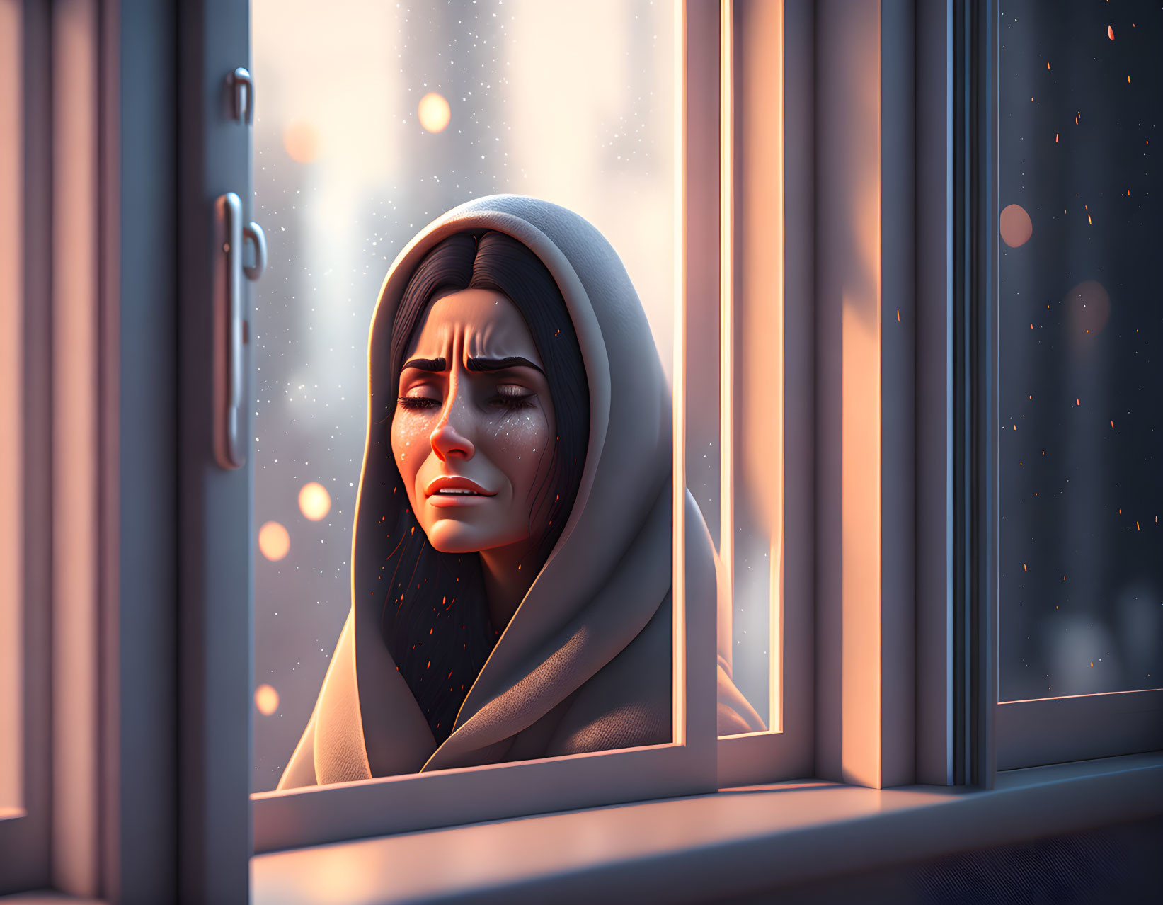 Woman in scarf gazes out snowy window with pensive expression