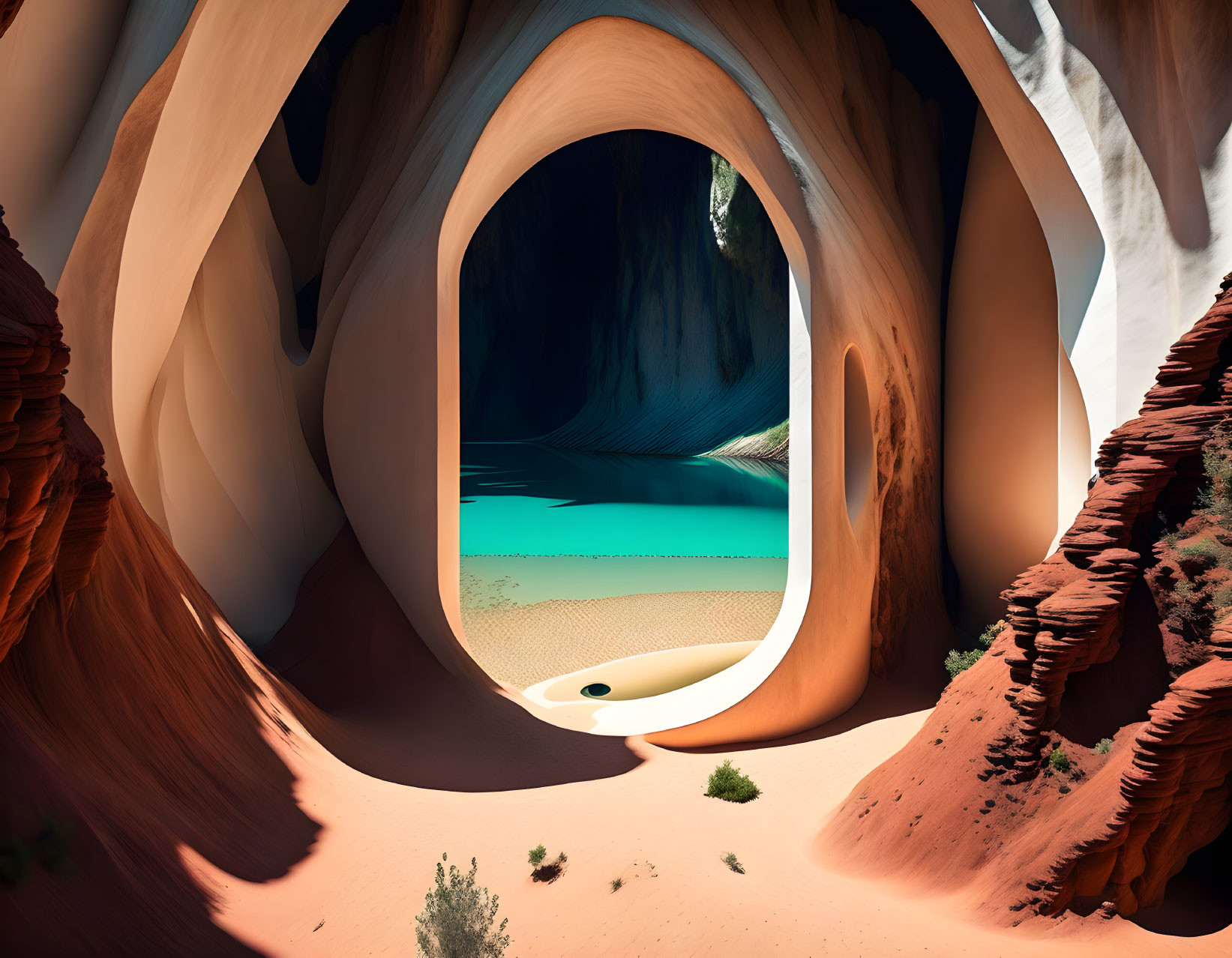 Surreal landscape with twisted sandstone archway and blue lagoon surrounded by cliffs