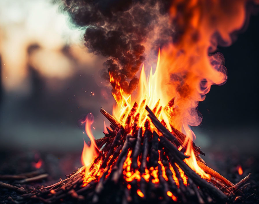 Close-Up of Small Campfire with Bright Orange Flames and Dark Smoke