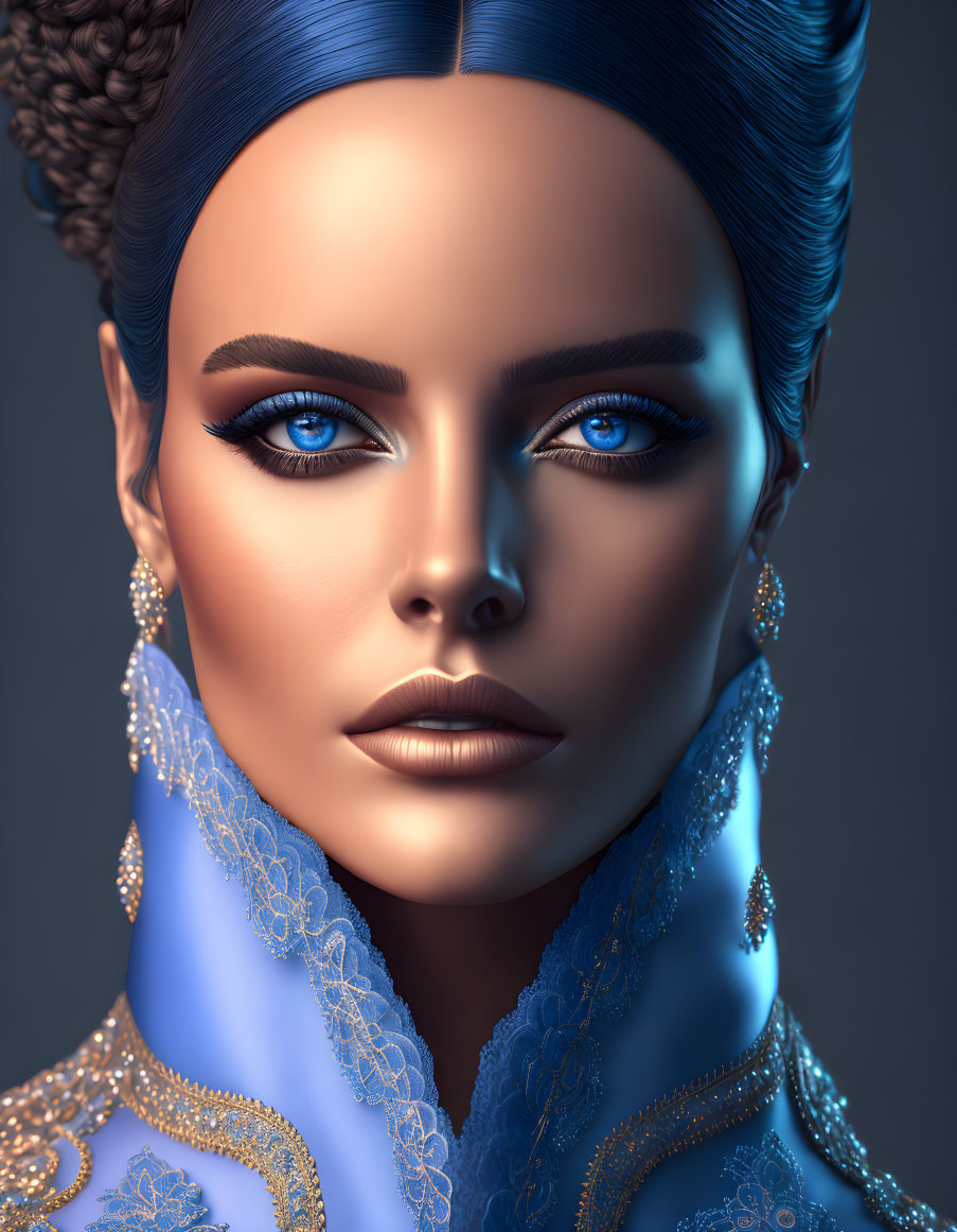 Detailed digital artwork of woman with striking blue eyes and intricate blue hairstyle in elegant lace attire